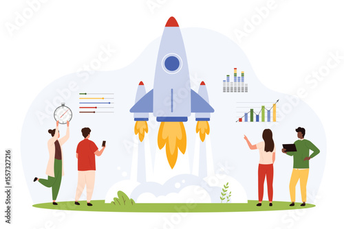 Project launch success, business startup development. Tiny people prepare data analytics to start rocket, boost company product with creative settings and strategy cartoon vector illustration