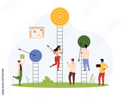 Focus on goals, long term and short term achievement. Tiny people choose to climb ladder with small, medium and high achievable target, solution for business progress cartoon vector illustration