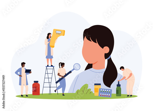 Diagnosis, prevention and treatment of flu, allergy and colds in kids patients vector illustration. Cartoon tiny people check sick girl health with medical infrared thermometer and magnifying glass