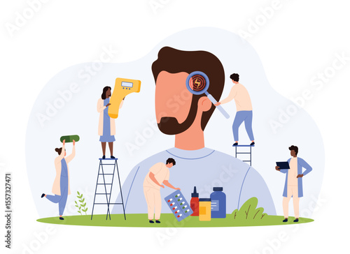Diagnosis and treatment of flu, cold symptoms vector illustration. Cartoon tiny people check health of man with infrared thermometer and magnifying glass, diagnose high temperature, fever and headache