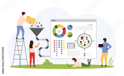 Sociology analysis, data processing. Tiny people convert user information into charts using funnel and pipe machine, sociologists research buyers behavior and preferences cartoon vector illustration