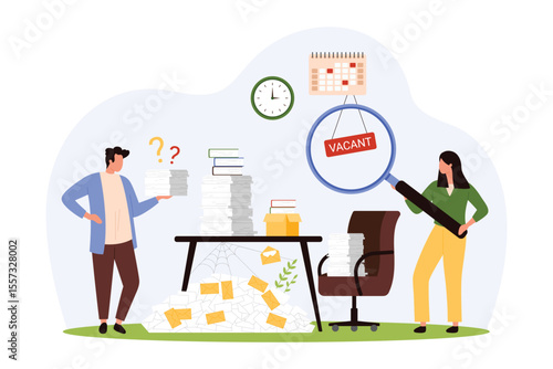 Employees shortage for office job. Tiny people with magnifying glass search talent candidate for work with unorganized official paper documents and messy pile on table cartoon vector illustration