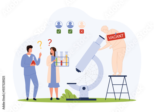 Lack of scientists and laboratory technicians, urgent labor shortage. Tiny people in chemist uniforms standing near microscope with cobweb, silhouette of wanted colleague cartoon vector illustration