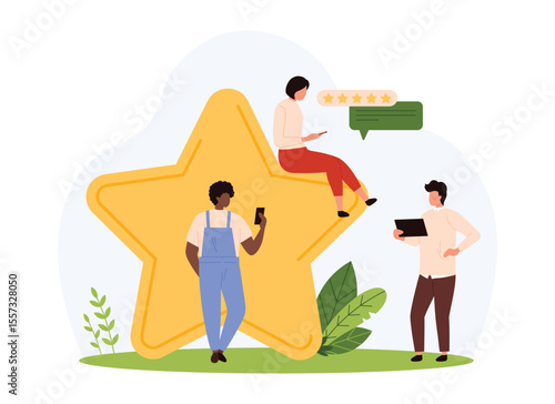 Customer feedback about best choice, review service. Tiny people rate positive experience and product quality, satisfaction with gold giant star, clients give comment cartoon vector illustration