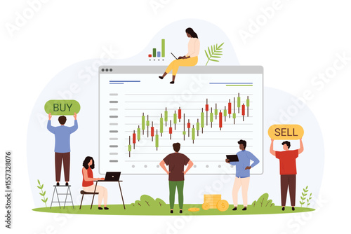 Stock market analytics for investment success, trading. Tiny people monitor candlestick chart report for trend analysis and trade, traders with buttons Sell and Buy cartoon vector illustration