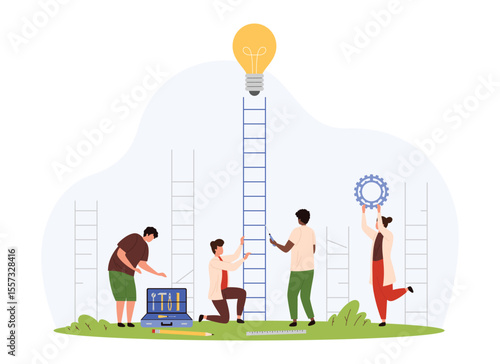 Career ladder opportunity, success step to creative business idea. Tiny people work with high stepladder and light bulb on top, motivation to goal progress and growth cartoon vector illustration
