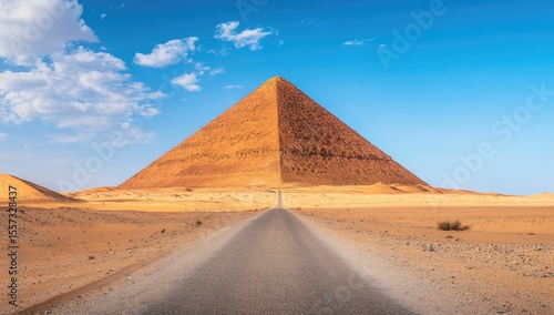 Vast pyramid in desert, road leading to it