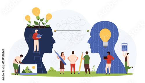 Teamwork process between creative person and AI, idea creation. Tiny people work on straight line connection of digital brain and abstract human head with light bulbs cartoon vector illustration