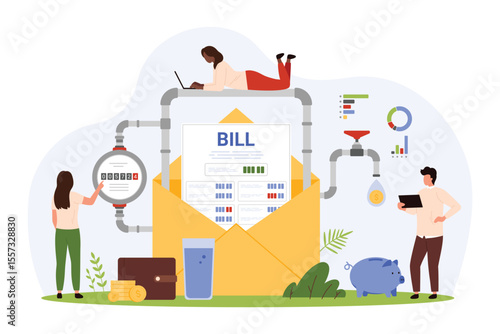 Payment for water supply using utility invoice from paper letter. Tiny people check water consumption for home piping with meter readings, unpaid bill in open envelope cartoon vector illustration
