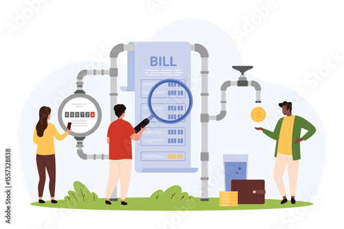 Payment of water bill. Tiny people research paper invoice through magnifying glass, characters monitor consumption and costs to save nature resources and money budget cartoon vector illustration