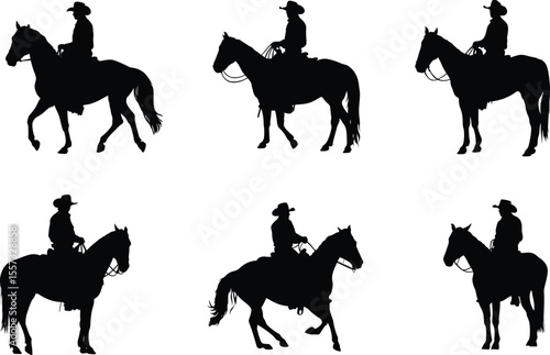 Cowboy riding horse, rodeo silhouette, western rider icon, set  wild west vector, bucking horse graphic
