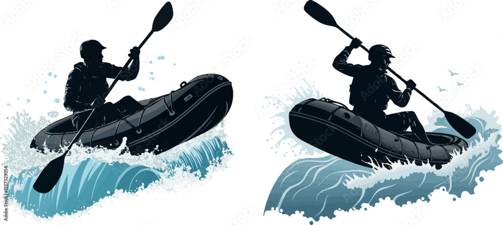 Obraz premium Dynamic Illustration of a Person in an Inflatable Kayak on White Water