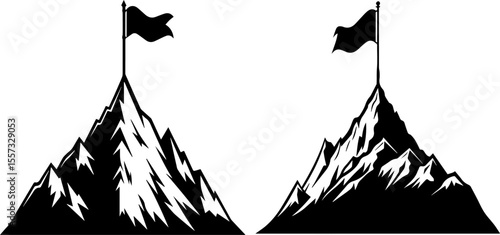Flag on Mountain Peak Silhouette - Achievement and Success Vector Illustration