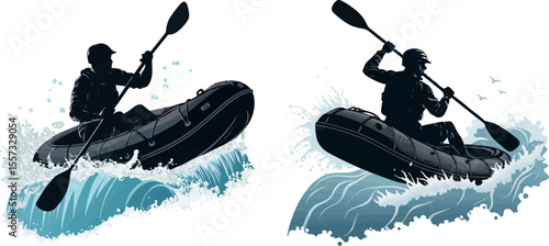Dynamic Illustration of a Person in an Inflatable Kayak on White Water