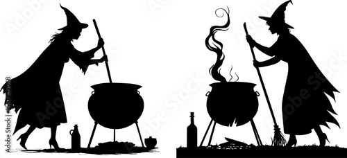 Witch Stirring a Cauldron Silhouette - Halloween and Fantasy Vector Illustration