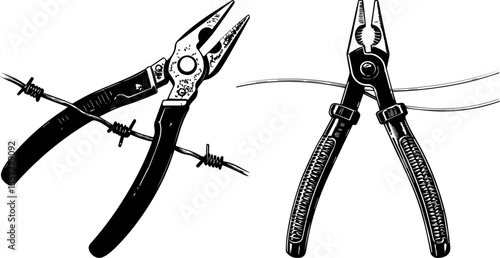 Vintage Engraving Style Pliers Cutting Barbed Wire and Fence
