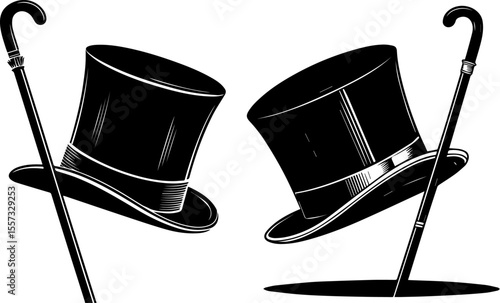 Vintage Engraving Style Top Hat and Walking Cane for a Gentleman
