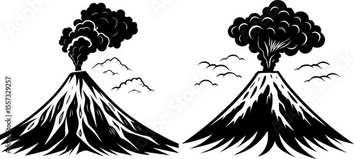 Erupting Volcano with Smoke Plume: Vector Illustration Set