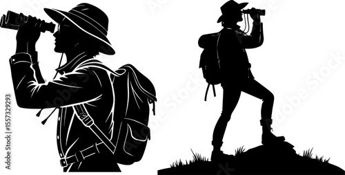 Silhouettes of an Hiker or Explorer Looking Through Binoculars: Vector Illustration
