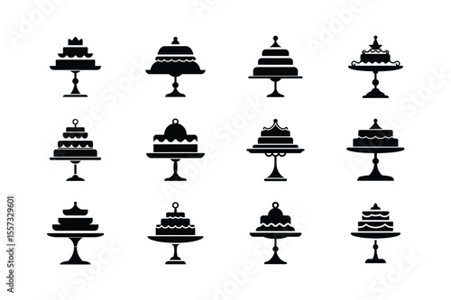 Collection of cake stands dessert icons silhouette