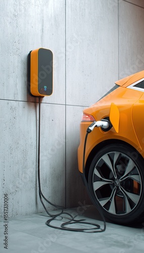 Orange electric car charging at home with charging station