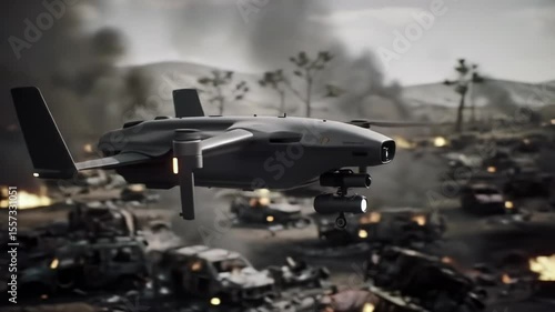 Military Drone Flying Over War-Torn Landscape Downloadable Stock Video Footage