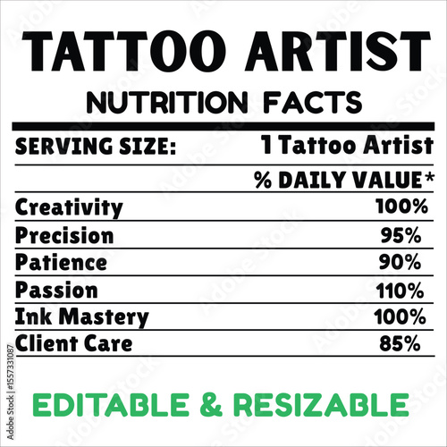 Tattoo Artist Nutrition Facts Label, Creative Artist Supplement Facts