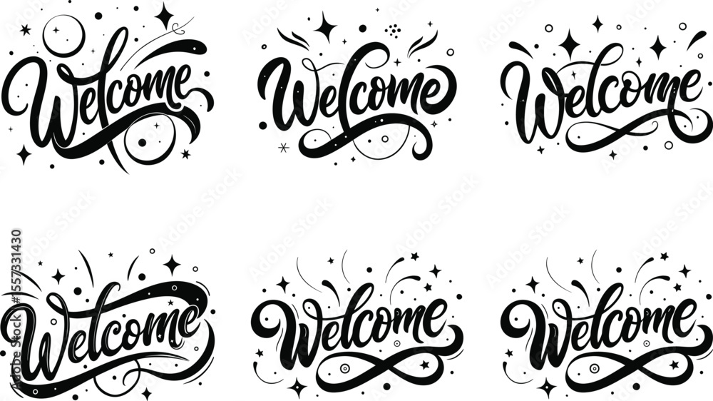 Fototapeta premium Elegant Welcome design showcases six unique handwritten lettering styles with decorative swirls and starbursts for versatile use.
