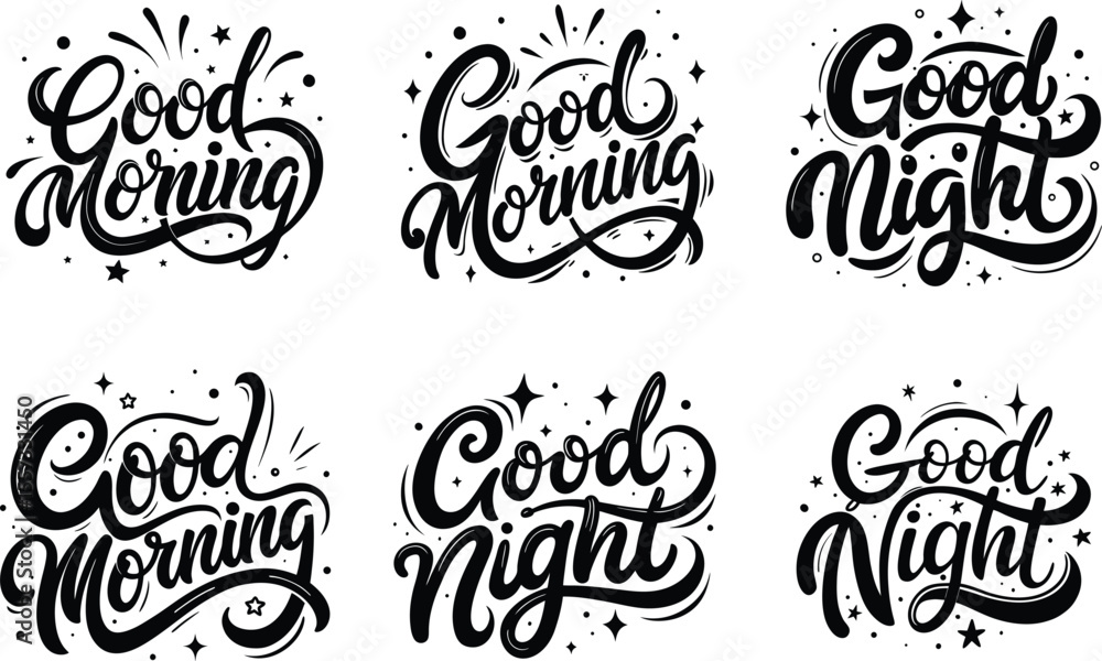 Fototapeta premium Charming greetings lettering features Good morning and Good night messages for various designs, cards, and typographic compositions.