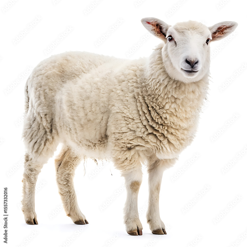 Fototapeta premium A sheep is posing in a straightforward manner, isolated on a white background.