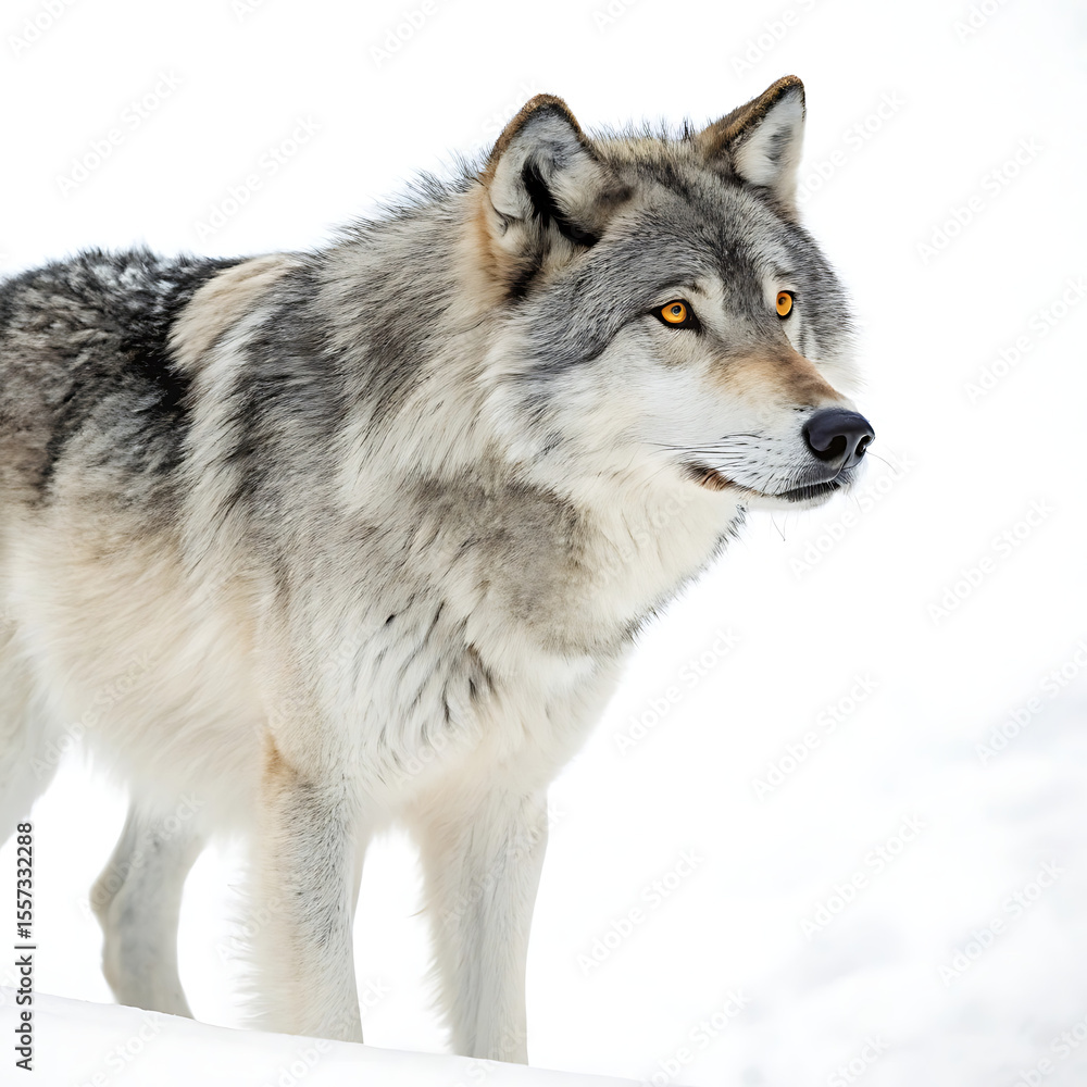 Fototapeta premium A wolf is posing in a straightforward manner, isolated on a white background.