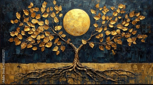 Golden tree of life under a luminous moon.