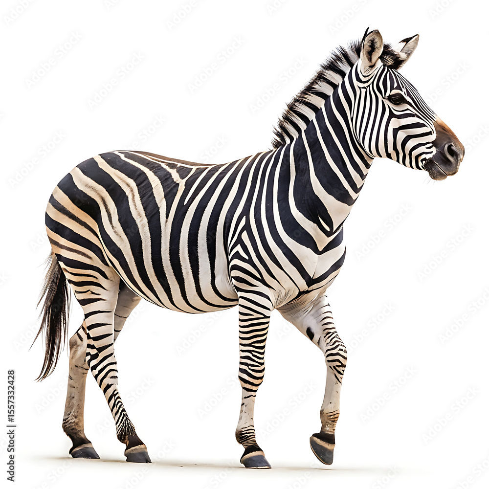 Fototapeta premium A Zebra is posing in a straightforward manner, isolated on a white background.