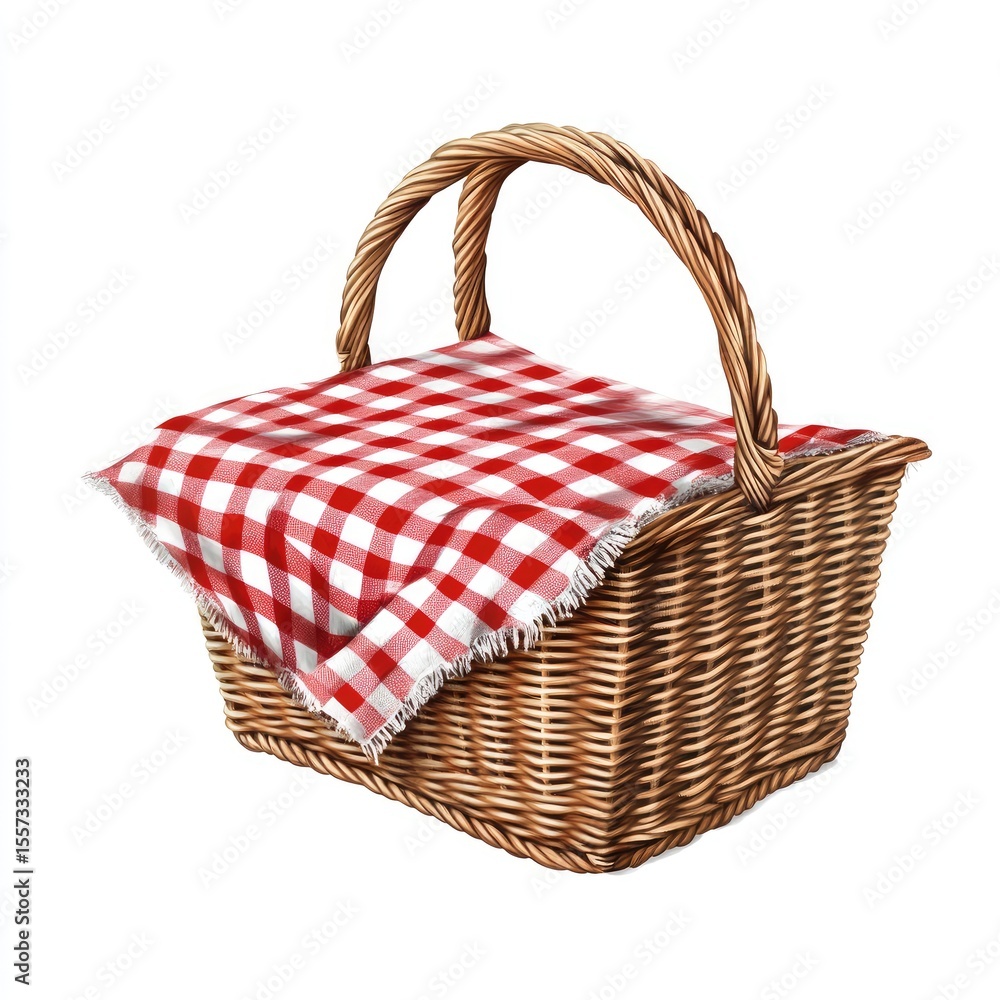 Rectangular wicker picnic basket with red and white checkered cloth Rectangular wicker picnic basket with red and white checkered cloth