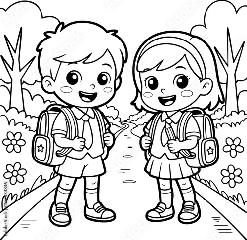 Study Time! - Vector illustration of two children in school uniforms holding hands.