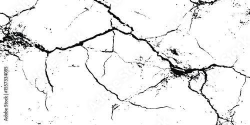 Black and white cracks illustration isolated on white background. A black and white vintage of cracked concrete scribble effect, old wall background crack vector, grunge texture,