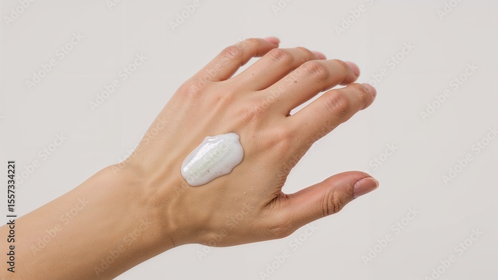 Naklejka premium Moisturizing Cream Applied on the Back of a Woman’s Hand, Skincare Cosmetics Design Over White Background