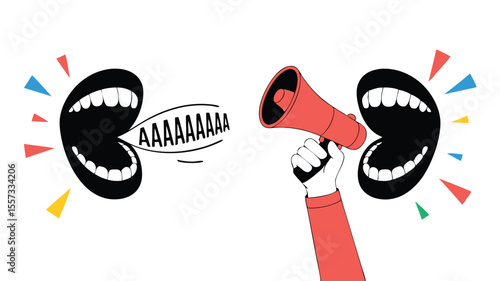 Cartoon Illustration of a Person Yelling into a Megaphone Towards an Open Mouth