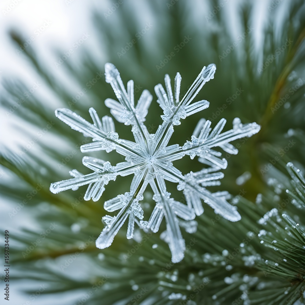 Macro Snowflake on Pine Needle in Winter Light Macro Snowflake on Pine Needle in Winter Light