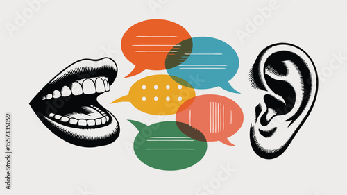 Depiction of Communication Mouth, Ear, and Colorful Speech Bubbles Representing Conversation and Listening