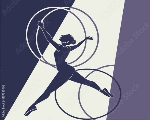 Abstract dancer silhouette performing with rings in dynamic artistic illustration