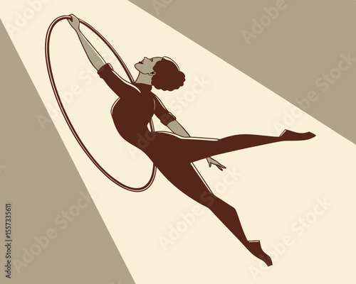 Artistic illustration of a female aerialist performing with a hoop in silhouette
