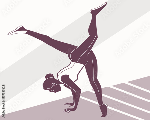 Artistic illustration of a woman doing handstand split with graphic design