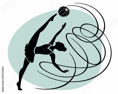 Artistic silhouette of a rhythmic gymnast performing with a ball on white background