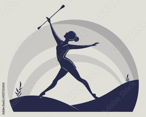 Artistic silhouette of a rhythmic gymnast performing with a baton on transparent background