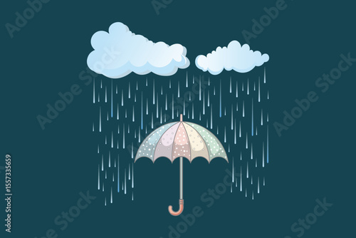Vector illustration of umbrella with water drops, flat cartoon style with soft pastel tones, weather-themed artwork for rainy day graphics, children’s design, and print backgrounds
