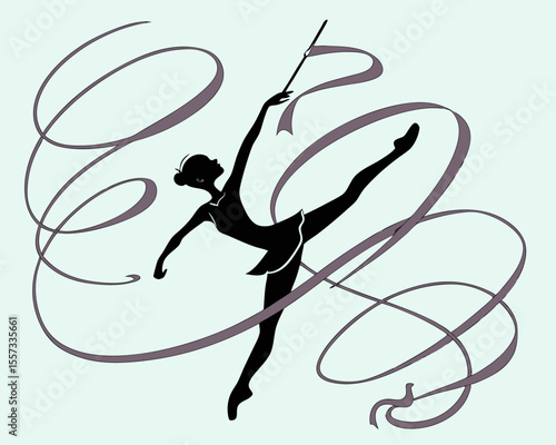 Artistic silhouette of a rhythmic gymnast performing with flowing ribbon streamers