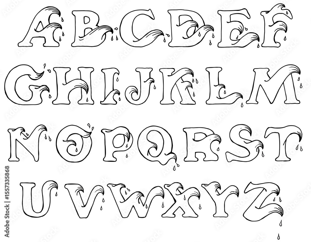 Vector Illustrations. Dripping Alphabet HandDrawn Letters with Water Droplets and Stylized Wave Accents. EPS Editable Vector Illustrations. Dripping Alphabet HandDrawn Letters with Water Droplets and Stylized Wave Accents. EPS Editable