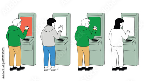 Four People Interacting with Kiosk Machines Displaying Red, White, and Green Screens in a Row