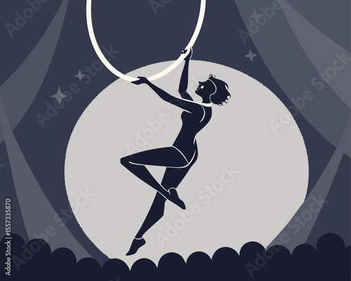 Elegant silhouette of aerial acrobat performing on the hoop with dramatic lighting